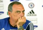 Avram Grant, then Chelsea head coach, considers a question during a news conference at the Chelsea training ground, in Cobham, Britain, May 9, 2008. Grant has been accused in a new investigative report of sexually harassing multiple women. Israel's Channel 12 TV on Sunday, Jan. 31, 2022, broadcast a series of interviews with women saying that Grant had made unwanted advances while offering to help promote their careers. (AP Photo/Tom Hevezi, File)