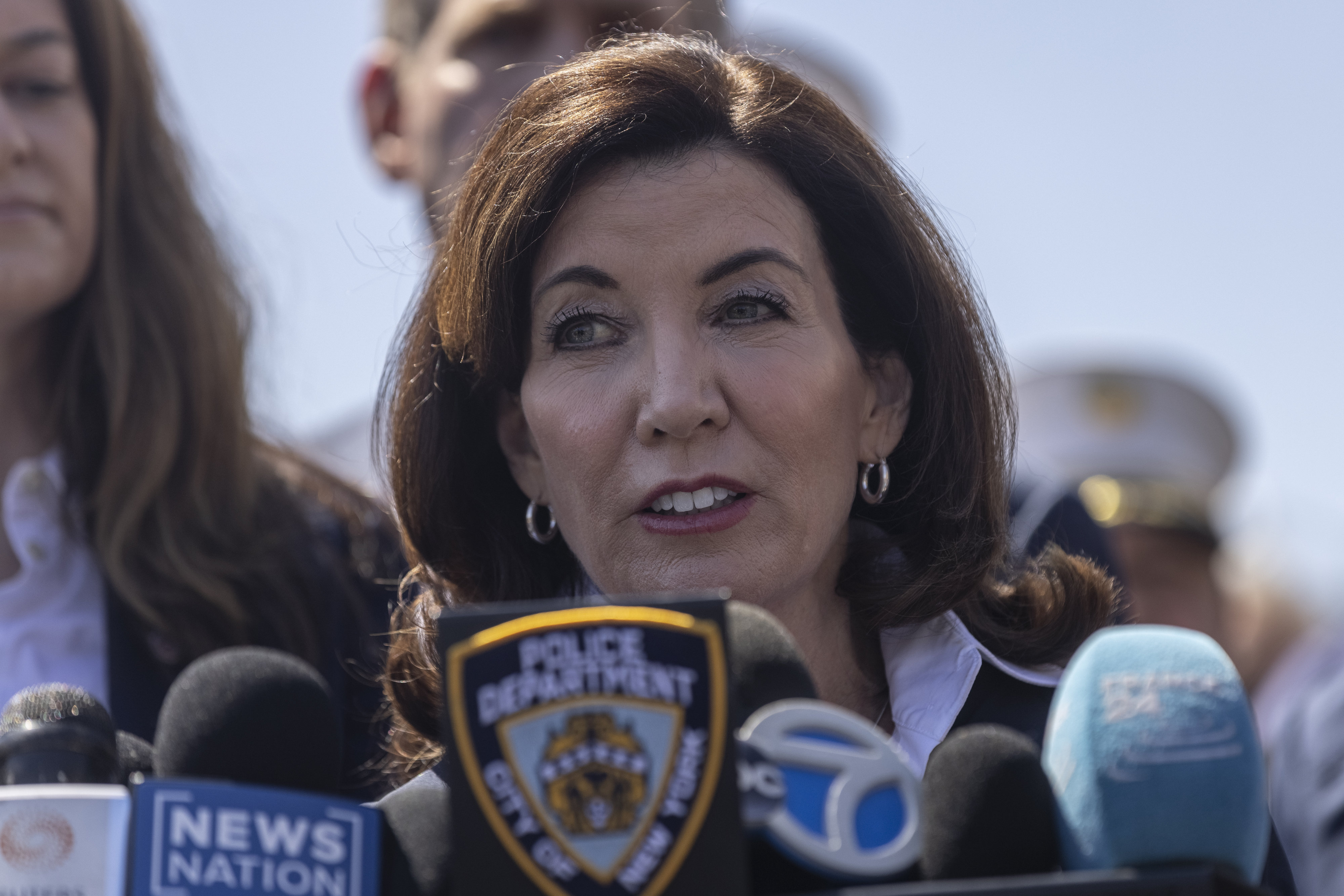 New York Governor Kathy Hochul speaks during a news conference after a man shot more than a dozen people in a subway car.