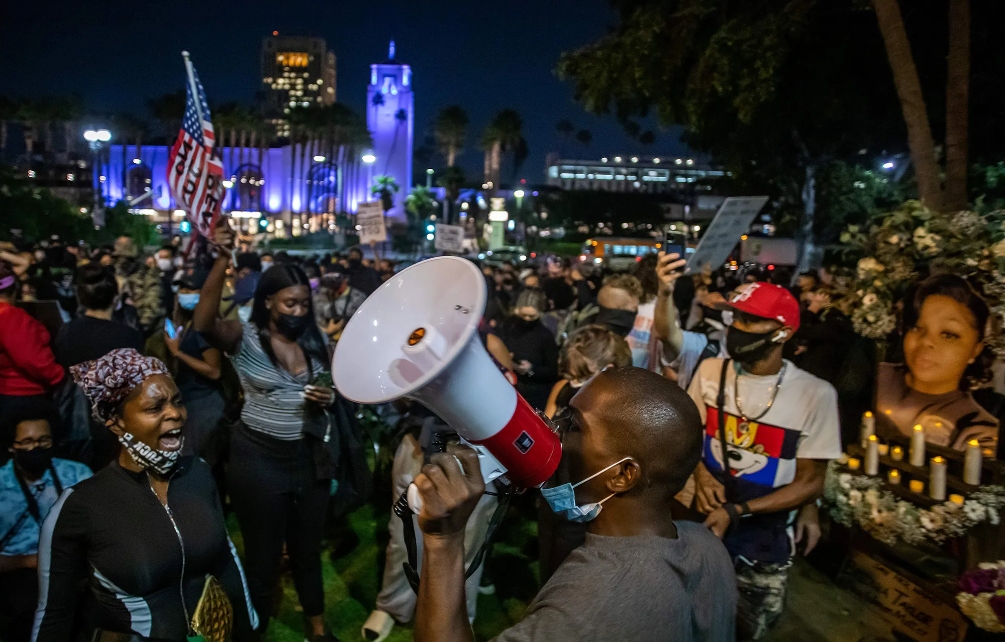 Protesters demonstrate against police brutality at Union Station in Los Angeles&nbsp;on Sept. 23, following a decision on the Breonna Taylor case in Louisville, Kentucky.