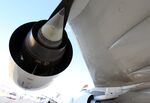 An Engine Alliance LLC (EA) engine hangs from an Airbus SAS A380 airplane on the third day of the Farnborough International Airshow in Farnborough, U.K.