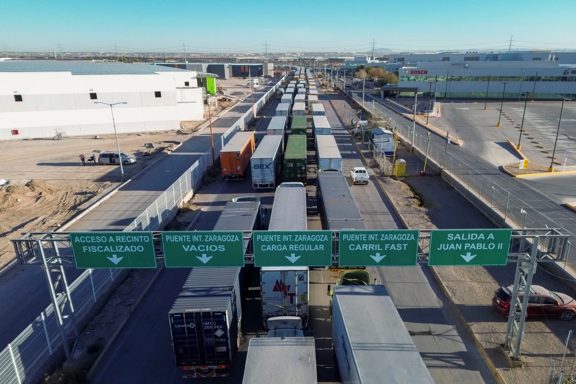 Tractor trailers wait in line at the Ysleta-Zaragoza International Bridge port of entry&nbsp;on the US-Mexico border in Juarez, Mexico.
