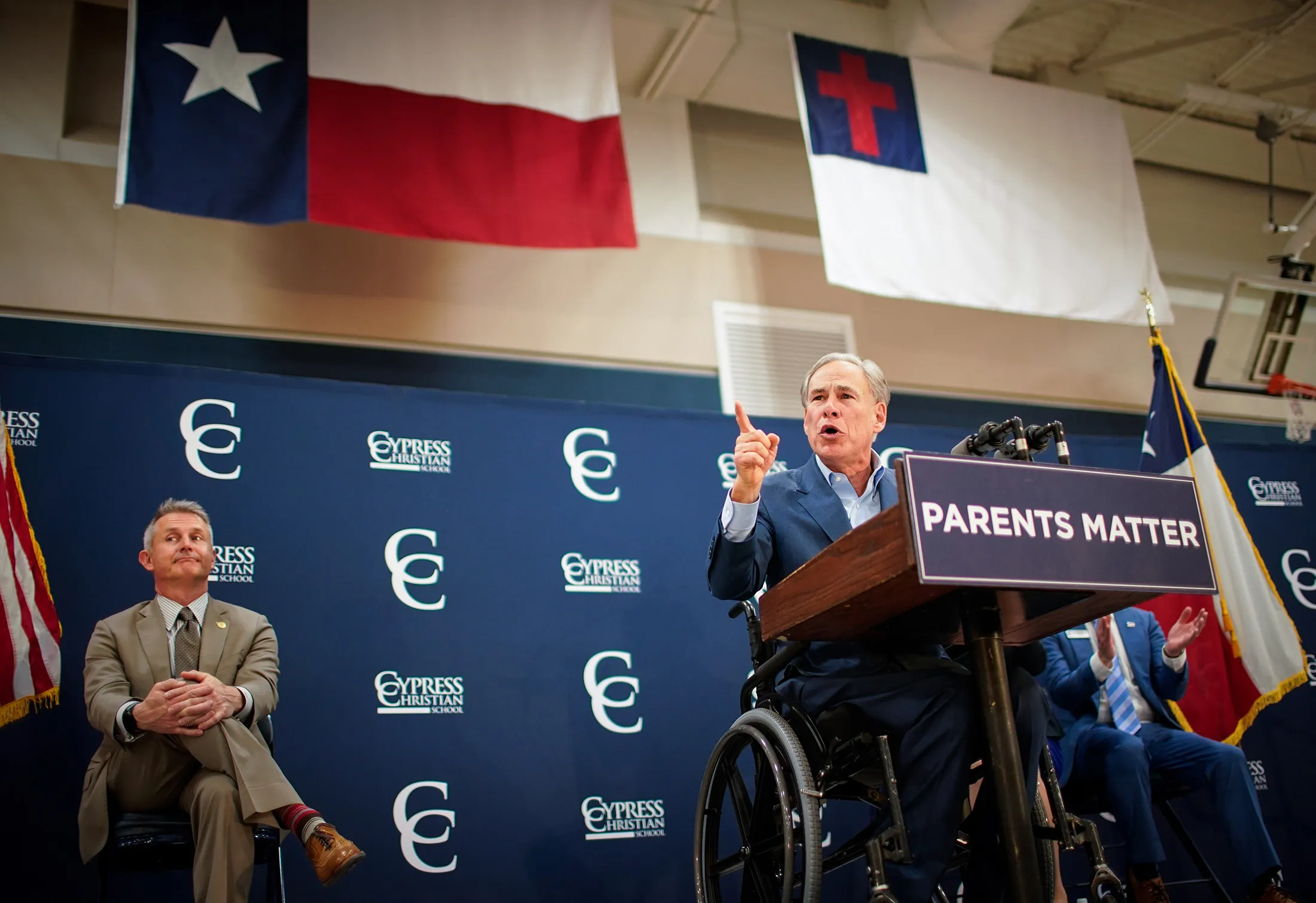 Greg Abbott speaks about a school voucher plan during a rally at the Cypress Christian School in Houston in 2023.