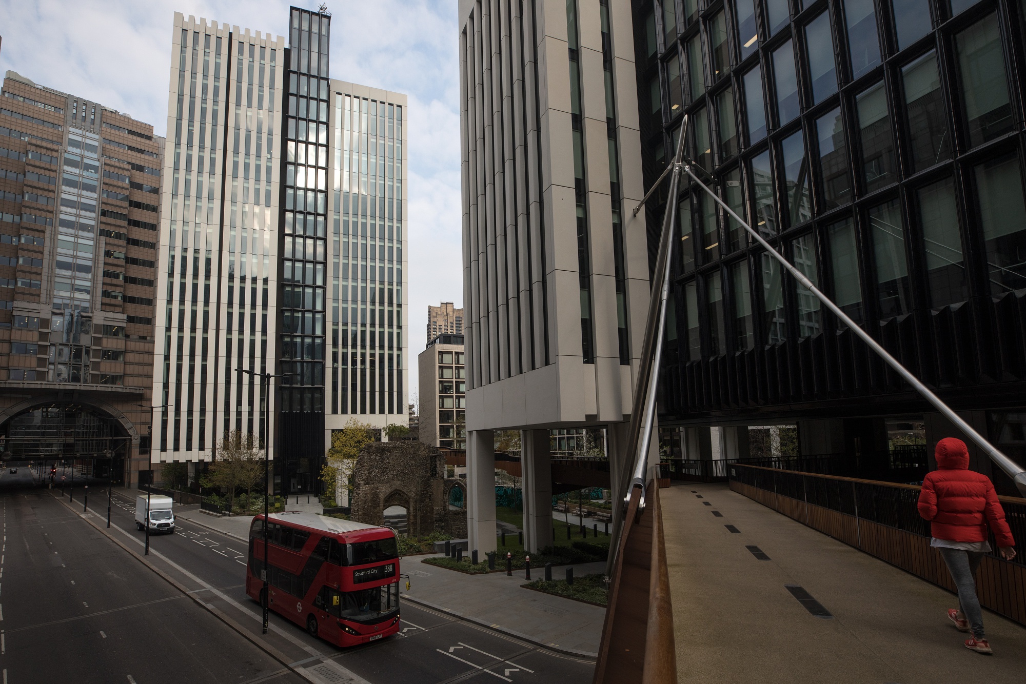 A bus drives down London Wall past commercial offices in the City of London, U.K., on Saturday, April 13, 2019. Job vacancies in London’s finance industry have halved in two years as uncertainty over Brexit knocks business confidence, a survey by recruiter Morgan McKinley has found.