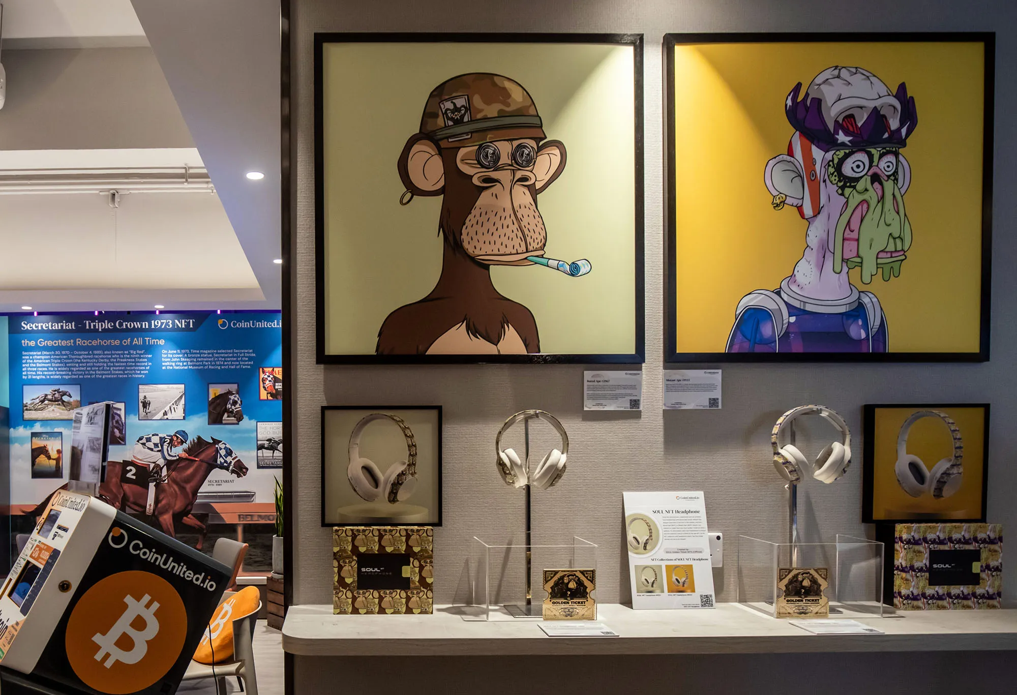 The physical artwork of “Bored Ape #2967” created by Bored Ape Yacht Club, left, and “Mutant Ape #1933” created by Mutant Ape Yacht Club