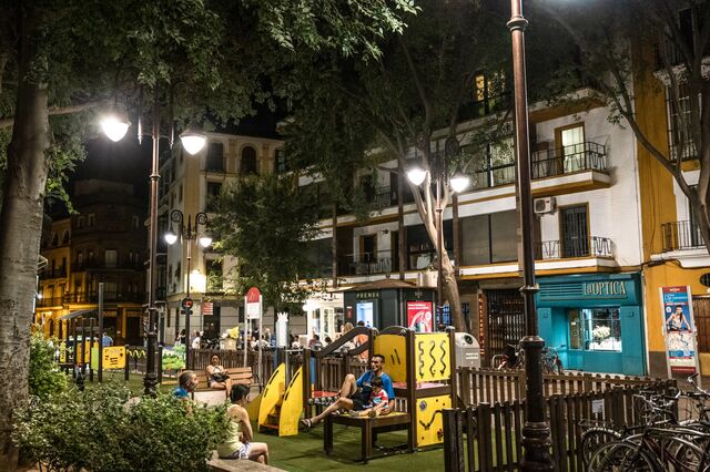 Families meet on playgrounds at night in Seville, Spain, on Tuesday 04, 2023