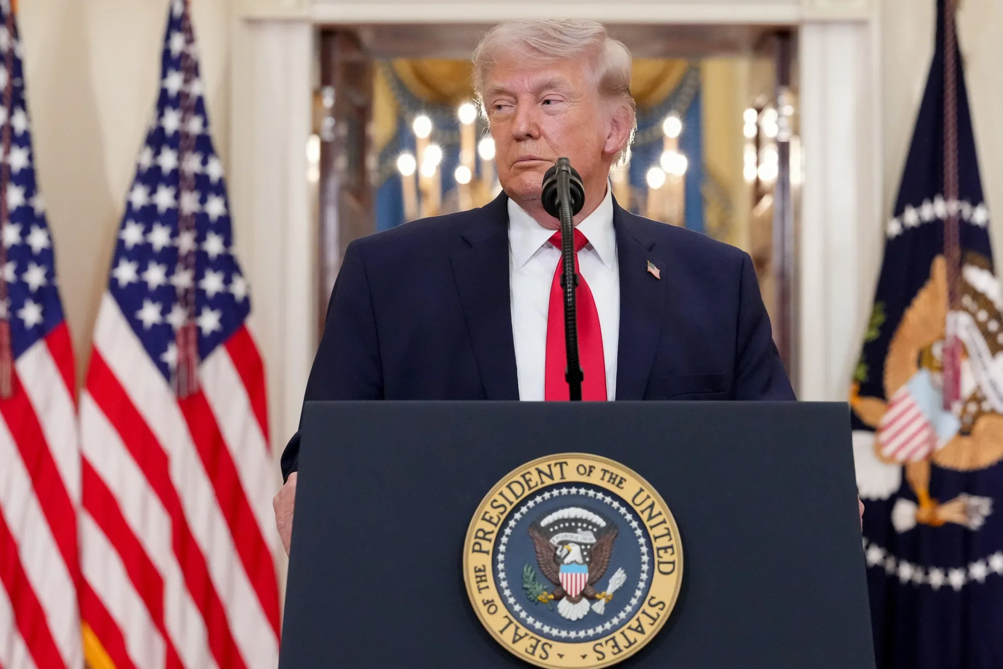 President Trump during a prime-time address to the nation in the Cross Hall of the White House in Washington, DC, on April 1.