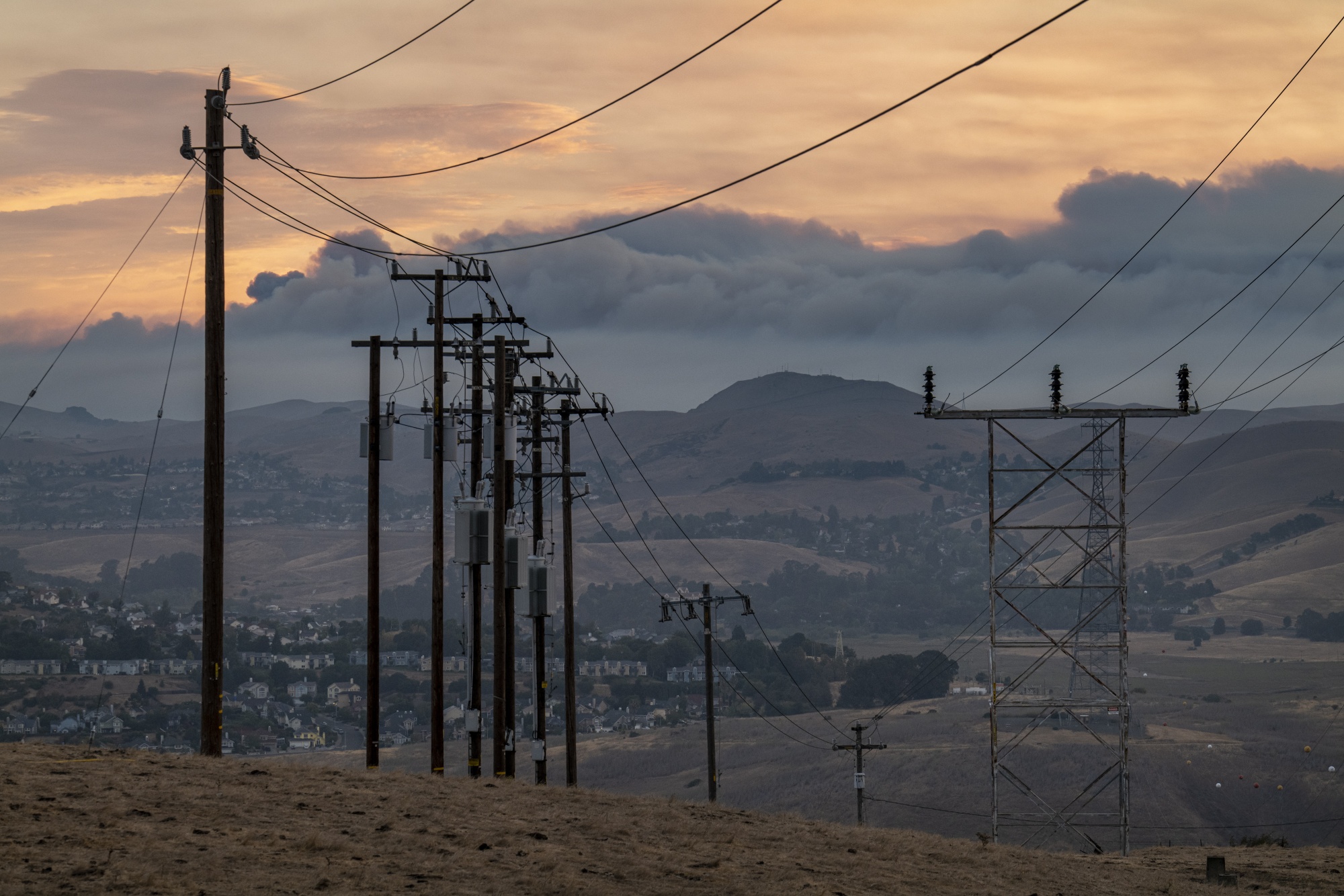 Power lines and transmission towers in Crockett, California.