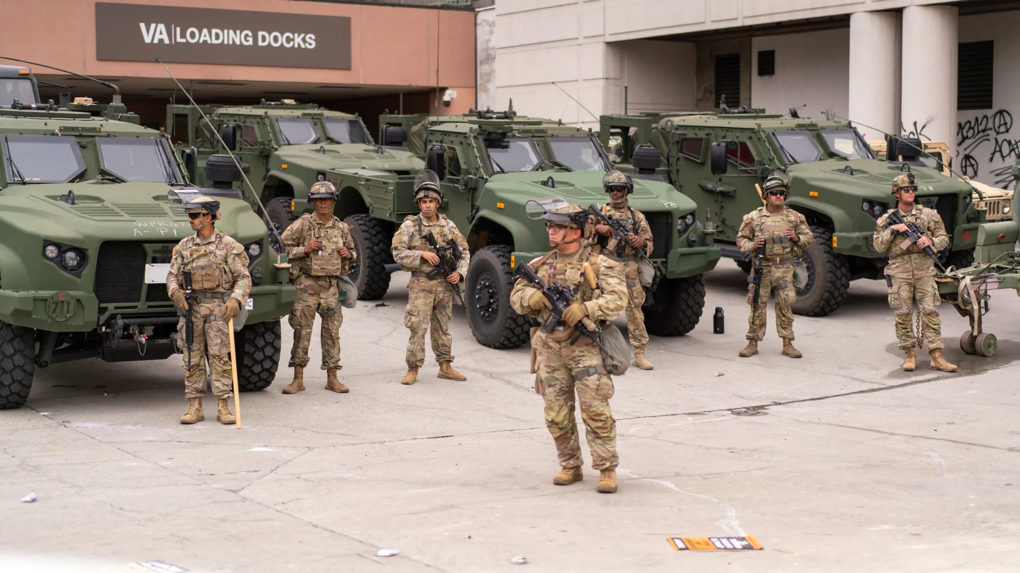 National Guard soldiers outside the Edward R. Roybal Federal Building in Los Angeles.
