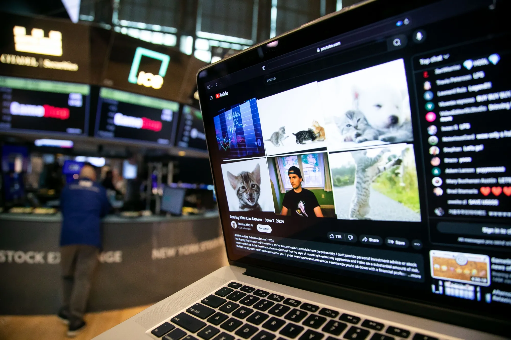 Keith Gill&nbsp;during a YouTube livestream arranged on a laptop at the New York Stock Exchange on June 7.
