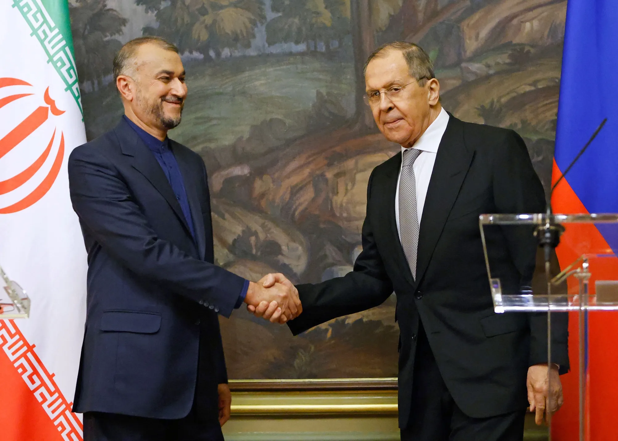 Sergei Lavrov shakes hands with Iranian Foreign Minister Hossein Amir-Abdollahian&nbsp;following&nbsp; talks in Moscow on March 15.