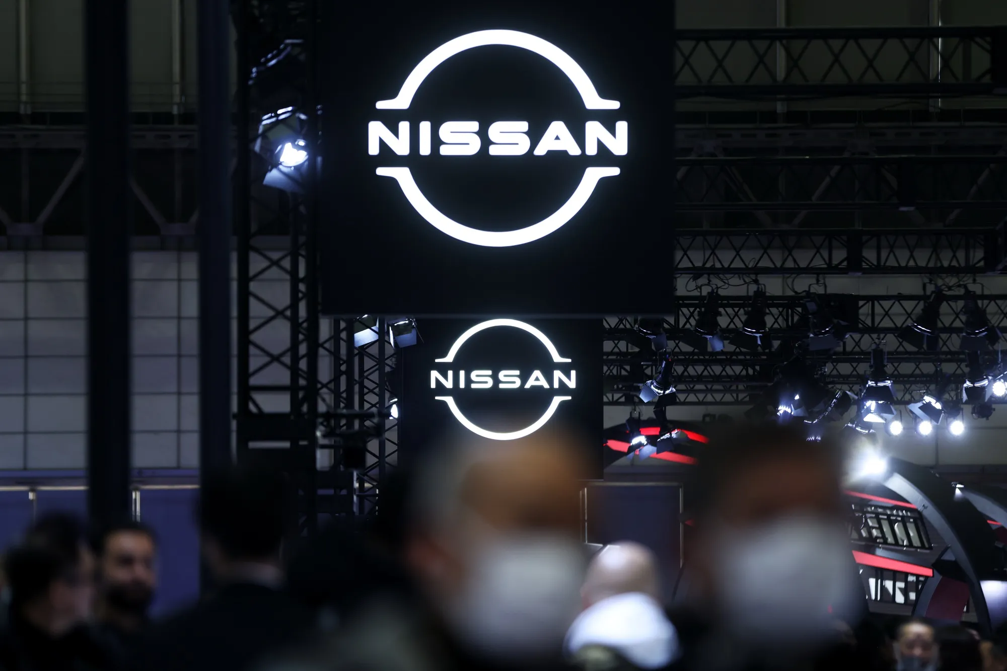 Signage for Nissan Motor Co. at the Tokyo Auto Salon in Chiba, Japan.