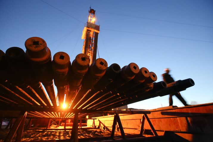 An oil rig and drill pipes, near Nizhnevartovsk, Russia.