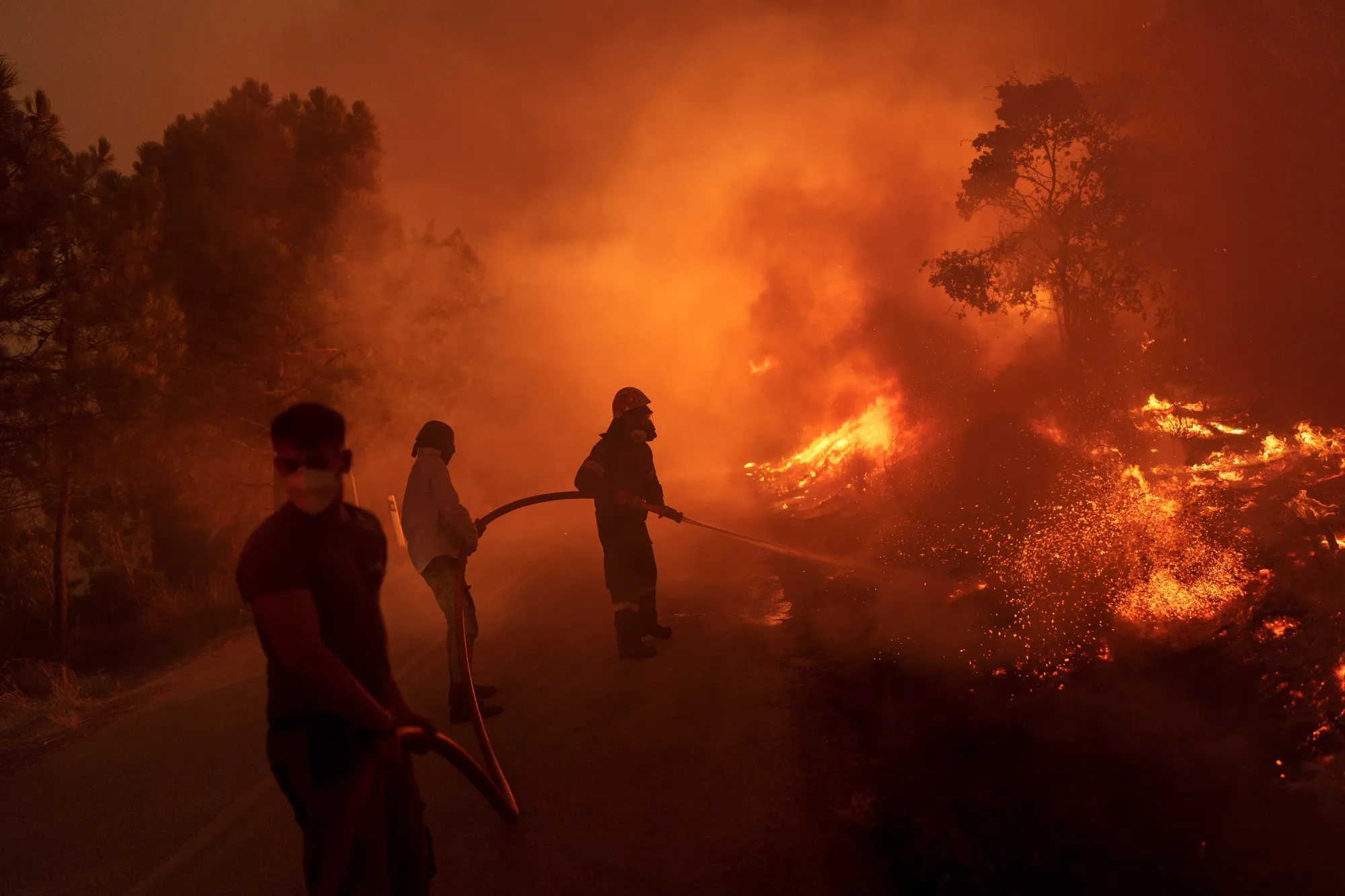 Firefighters and volunteers work to extinguish a wildfire near the village of Dikella, west of Alexandroupolis, Greece, on&nbsp;Aug. 22, 2023.&nbsp;