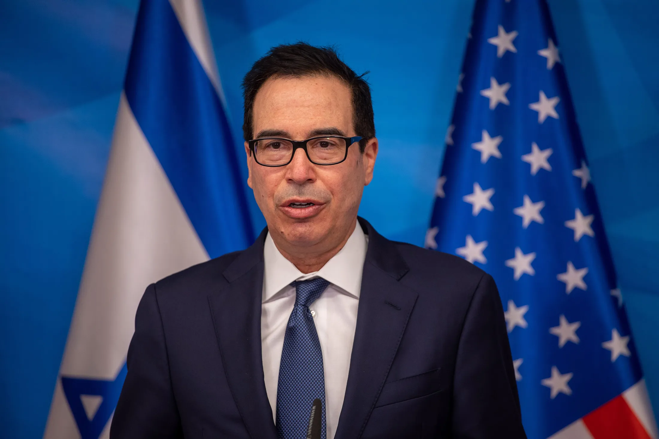 Steven Mnuchin attends a joint conference with Israeli Prime Minister Benjamin Netanyahu, not pictured, in Jerusalem on Jan. 7.