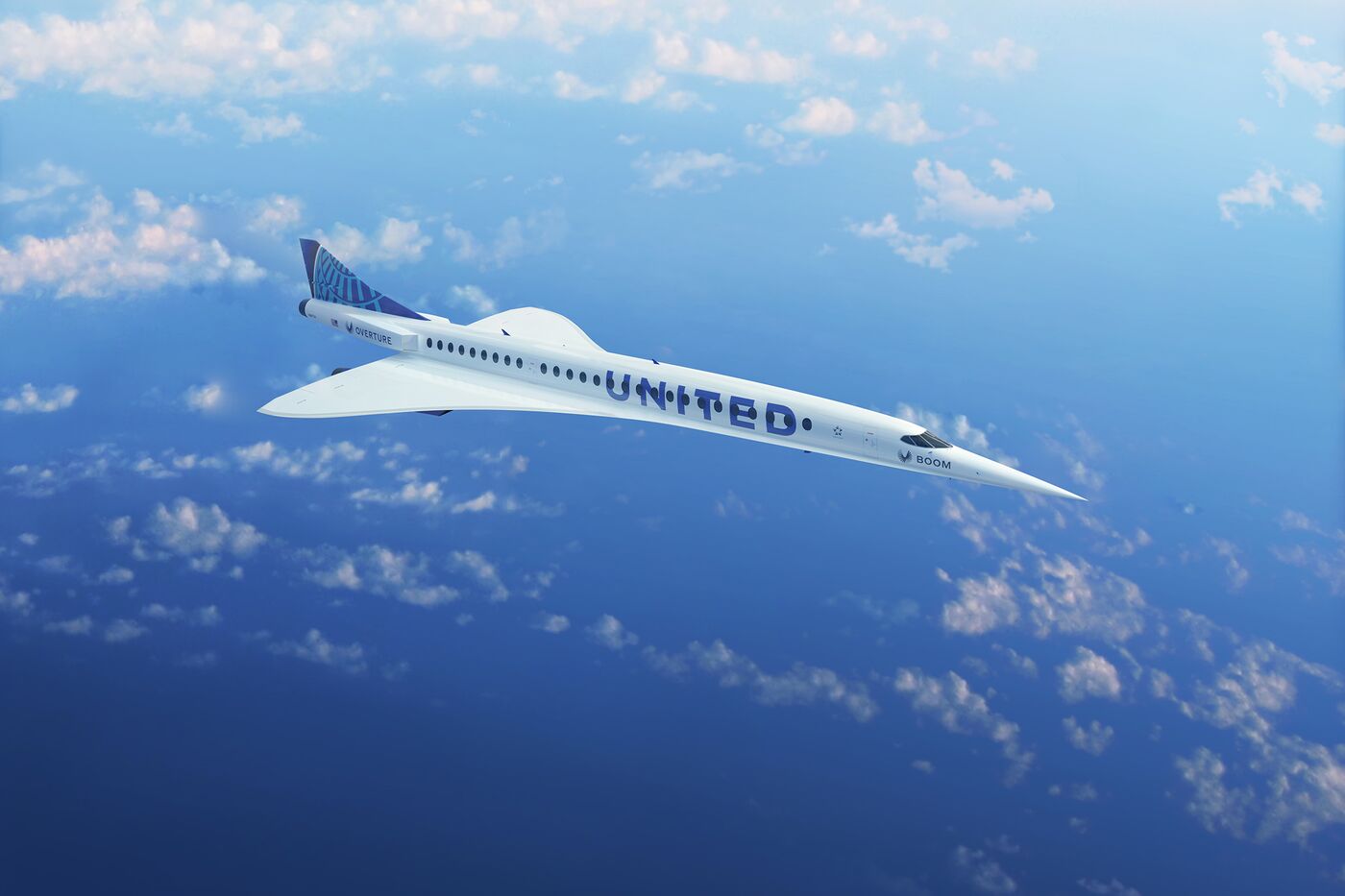 Rendering of a United-branded Boom Technology Overture supersonic aircraft.