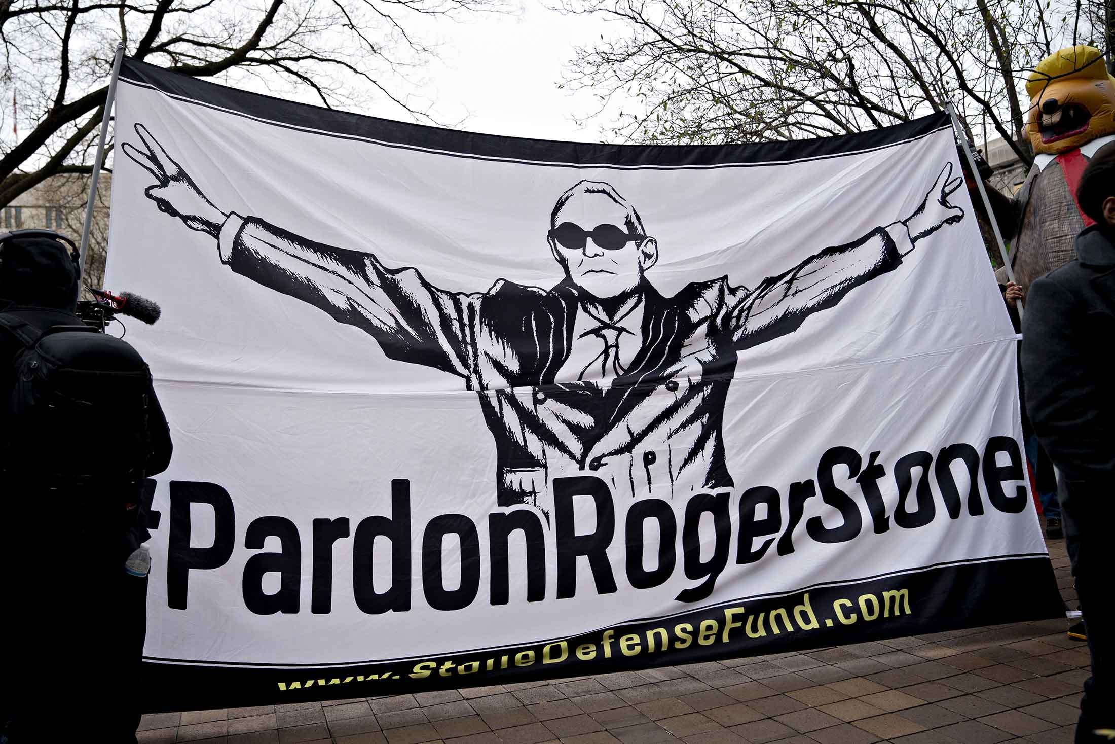 A banner outside federal court in Washington, D.C., on Feb. 20, 2020.