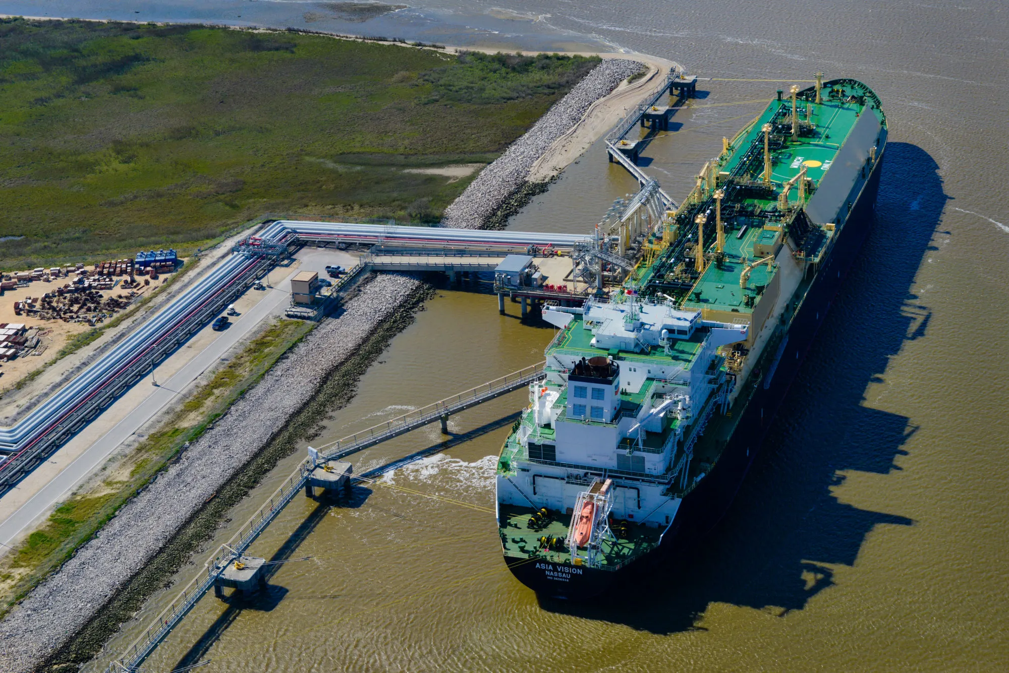 An LNG ship docked at a terminal in Sabine Pass, Texas, US.
