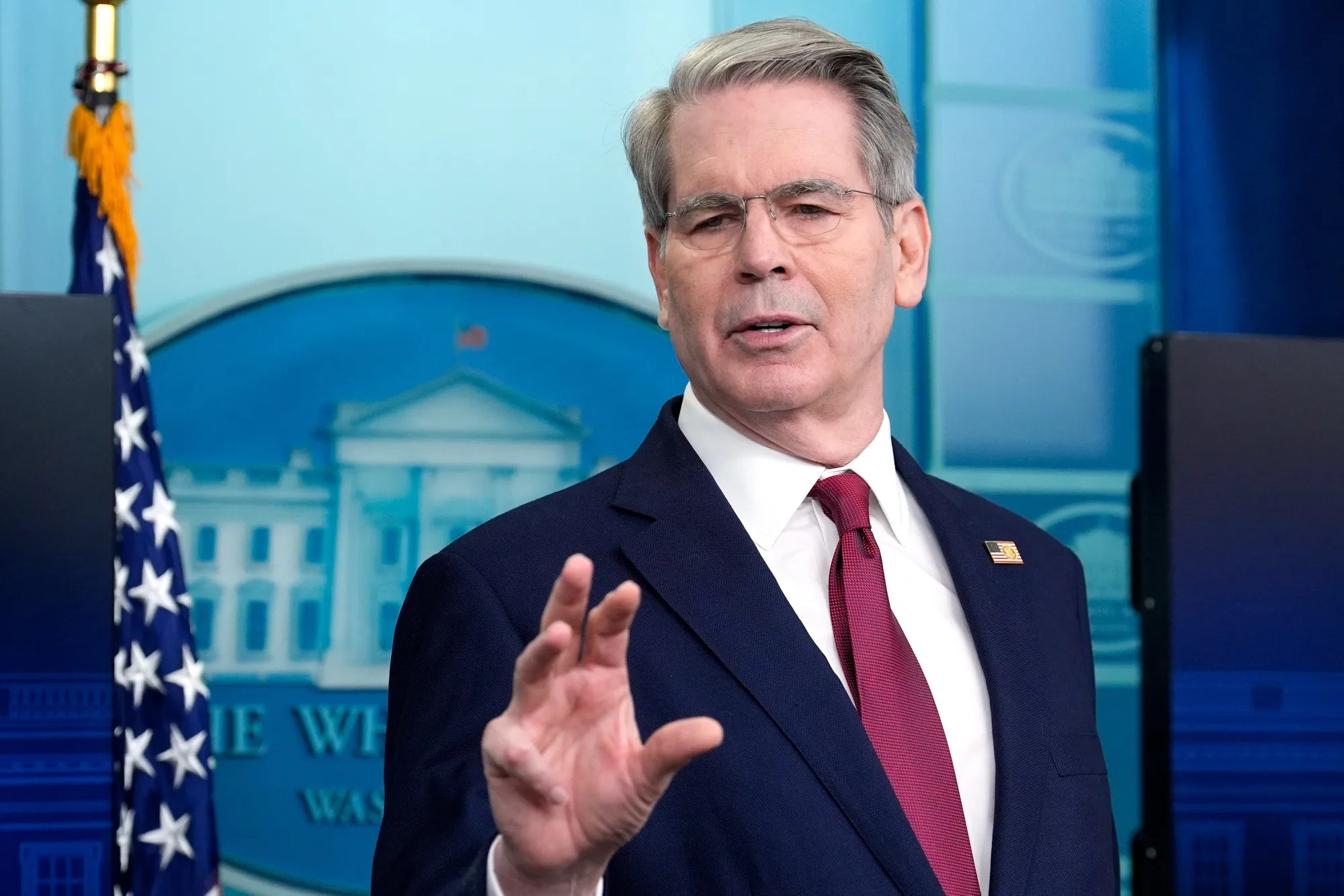 Scott Bessent speaks during a news conference at the White House in Washington, DC, on April 29.
