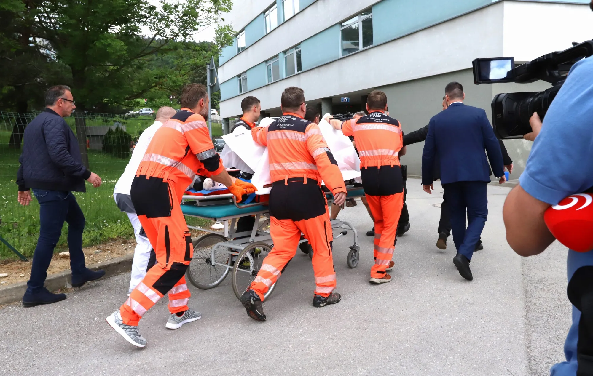 Robert Fico being transported by medics and his security detail to the hospital in Banska Bystrica, Slovakia on May 15.
