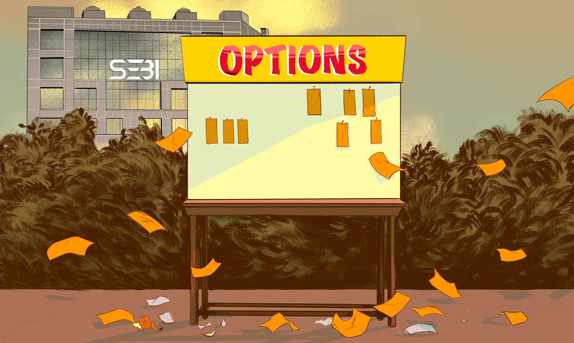 Illustration of a mostly empty bullentin board with the word options on it. A modern building with the initals SEBI is in the background.
