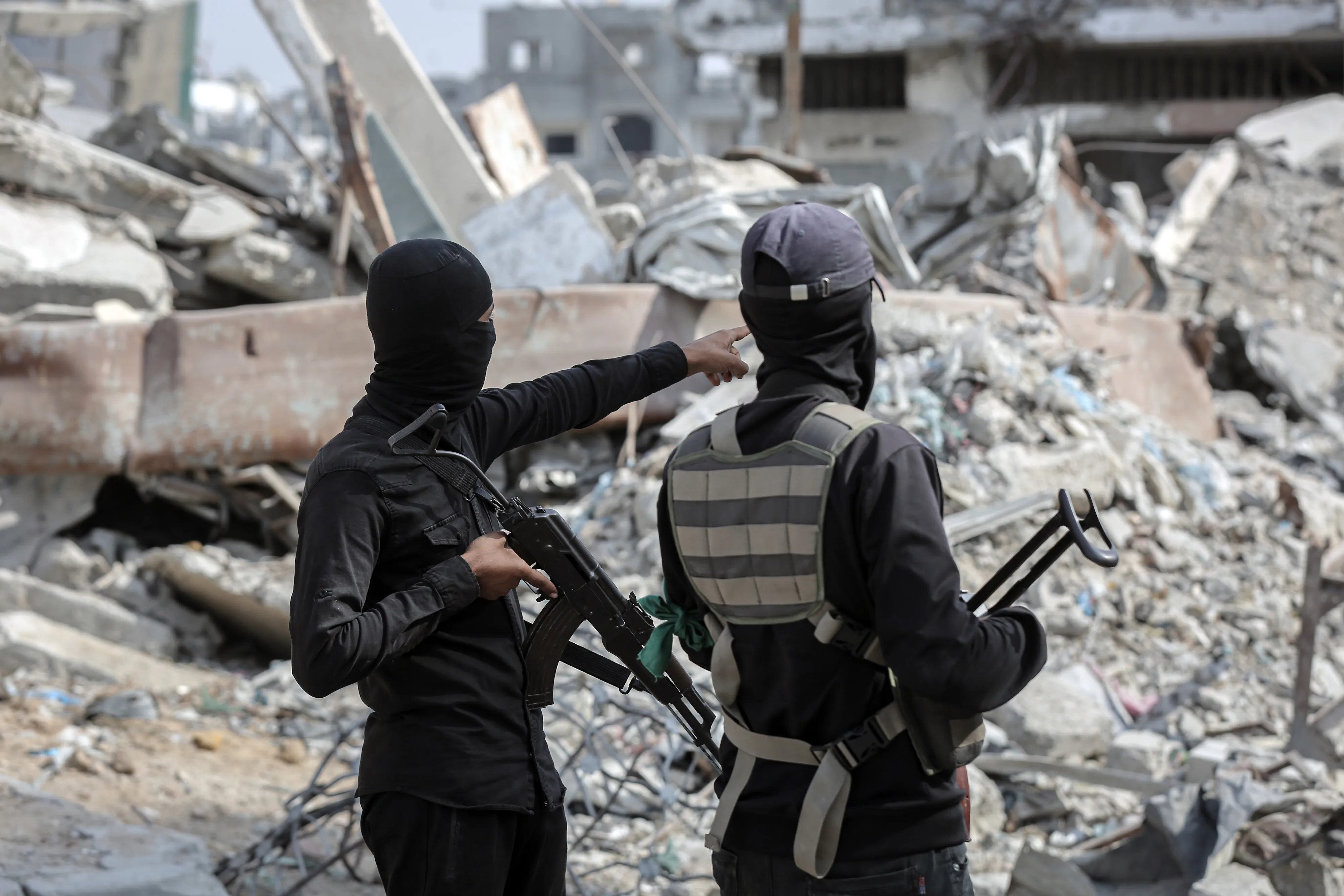Armed militants from the Al-Qassam Brigades, Hamas's military wing, in eastern Gaza.