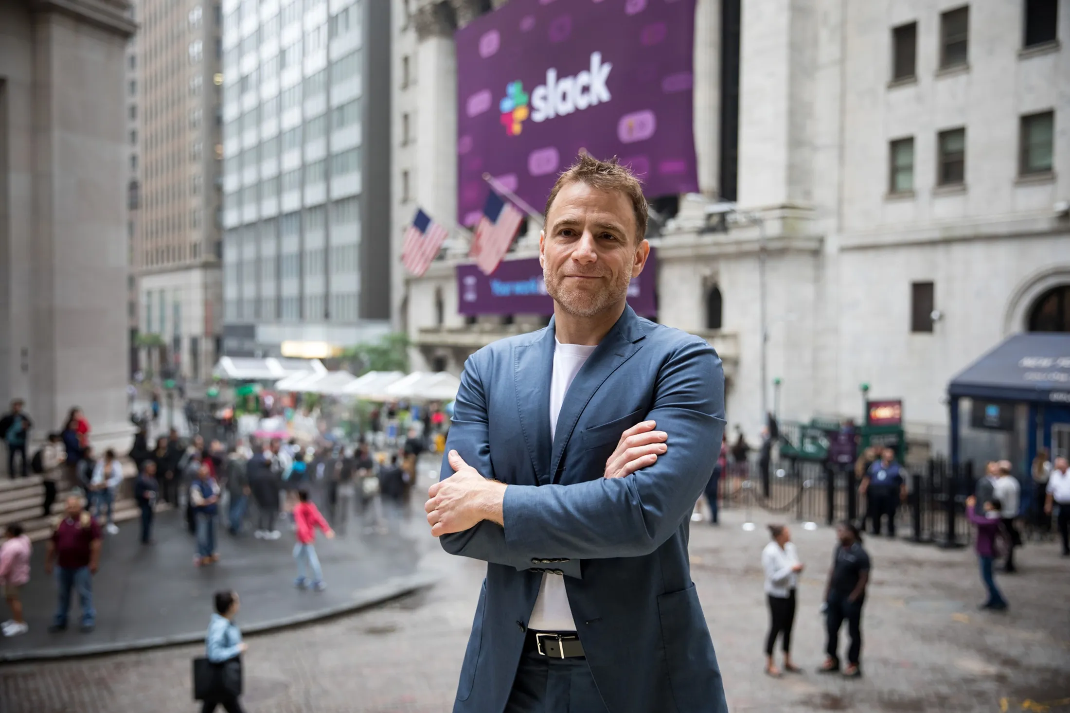 Stewart Butterfield, chief executive officer of Slack Technologies&nbsp;Inc., outside the New York Stock Exchange on June 20, 2019, the day of the company’s stock trading debut.