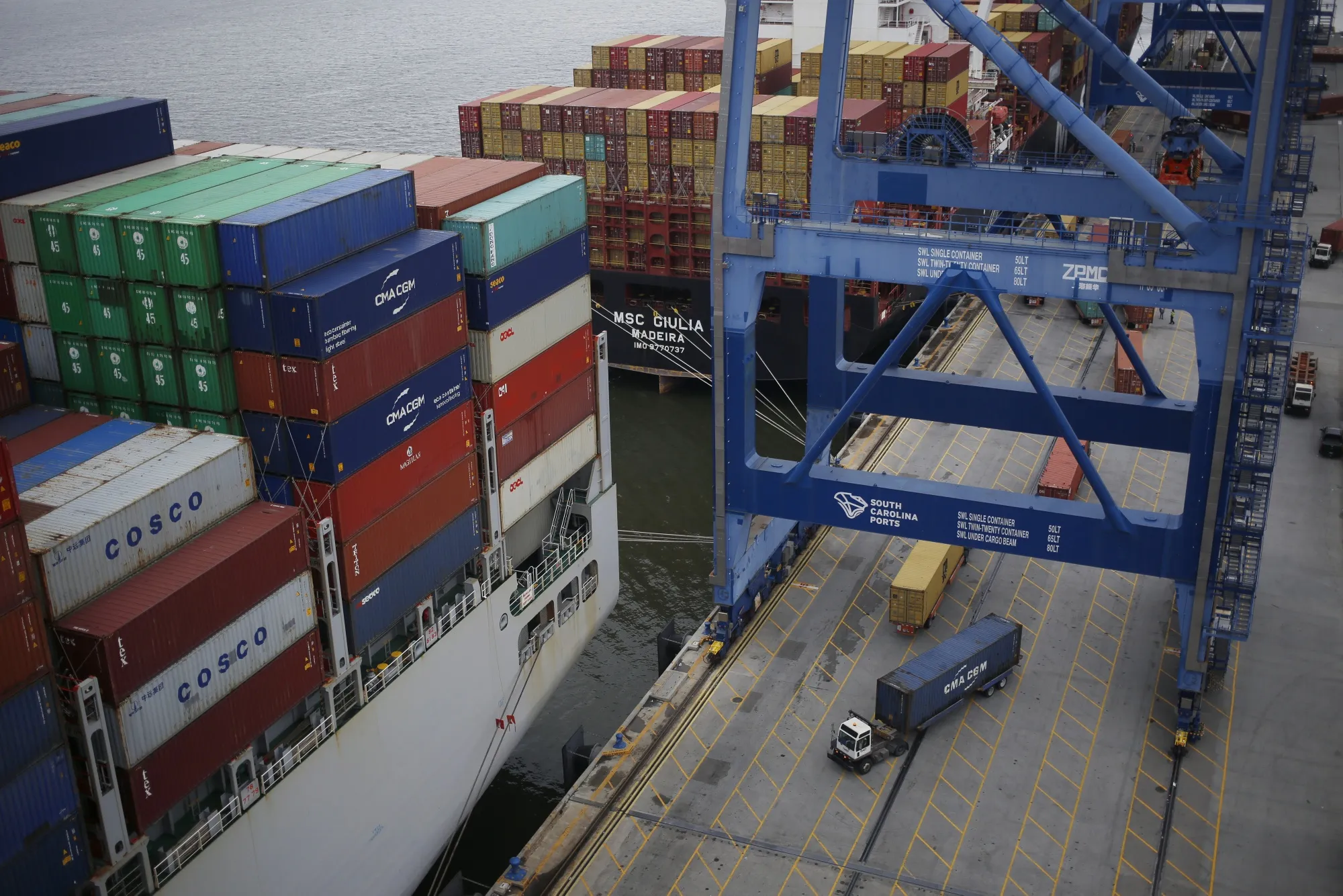 A cargo ship at the Port of Charleston in Mount Pleasant, South Carolina.