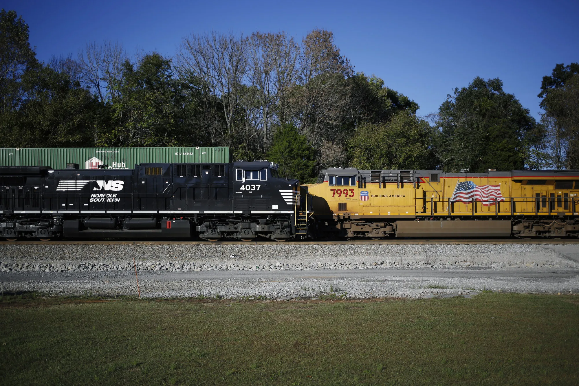 Norfolk Southern Corp. and Union Pacific Railroad Co. freight locomotives.