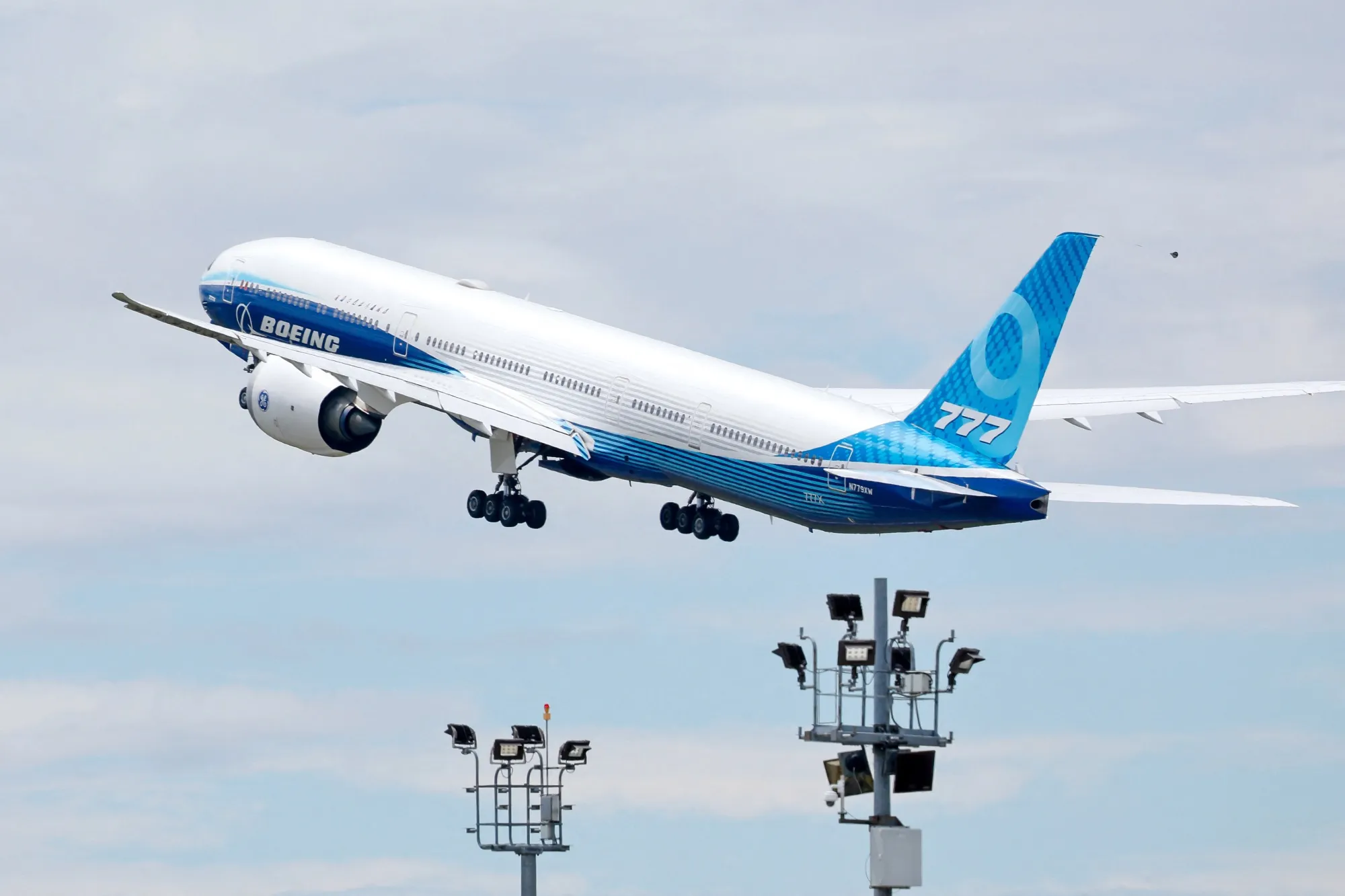 A 777X aircraft during a test flight in Everett, Washington, US.