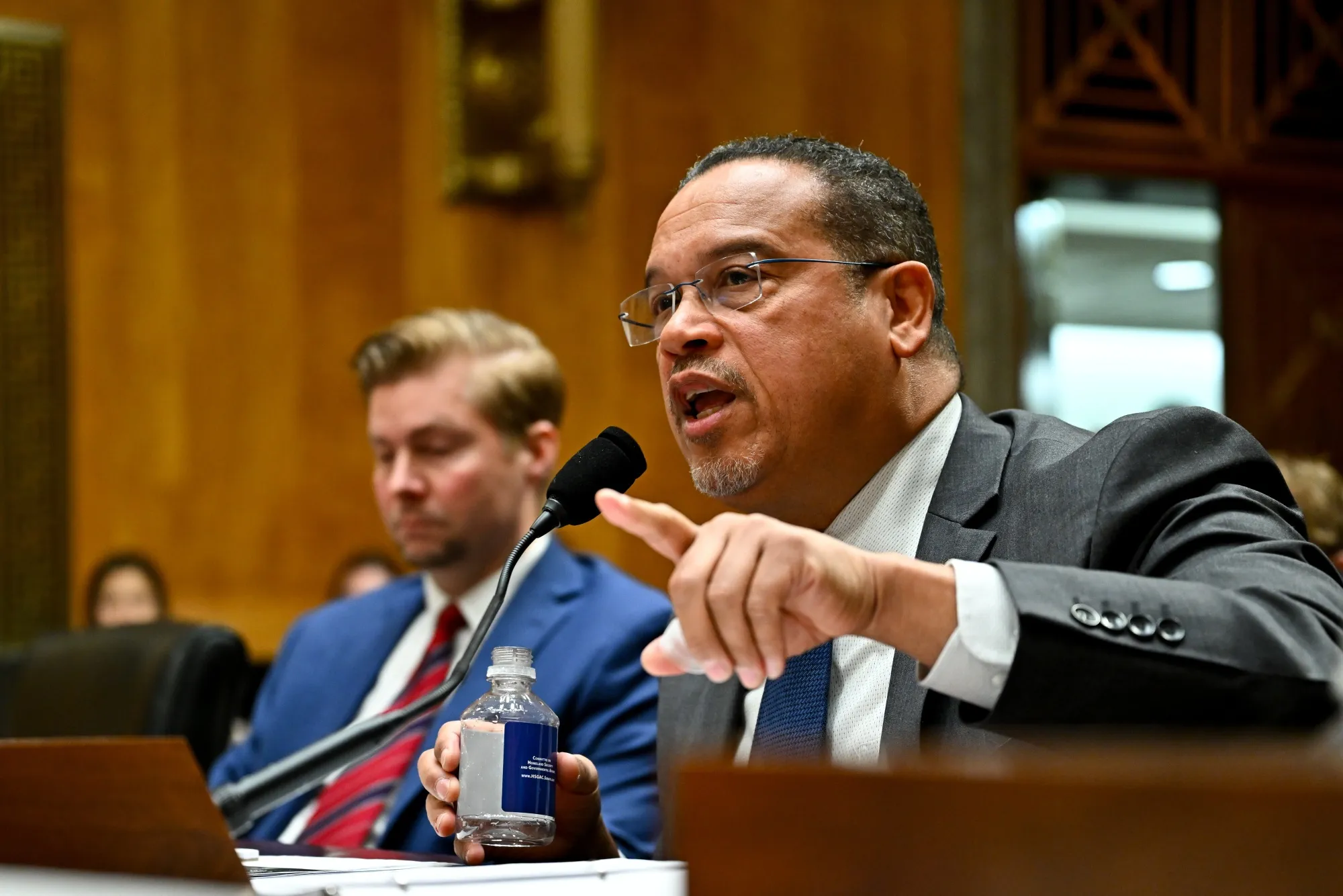 Minnesota Attorney General Keith Ellison during a Senate Homeland Security and Governmental Affairs Committee hearing in Washington on Feb. 12.