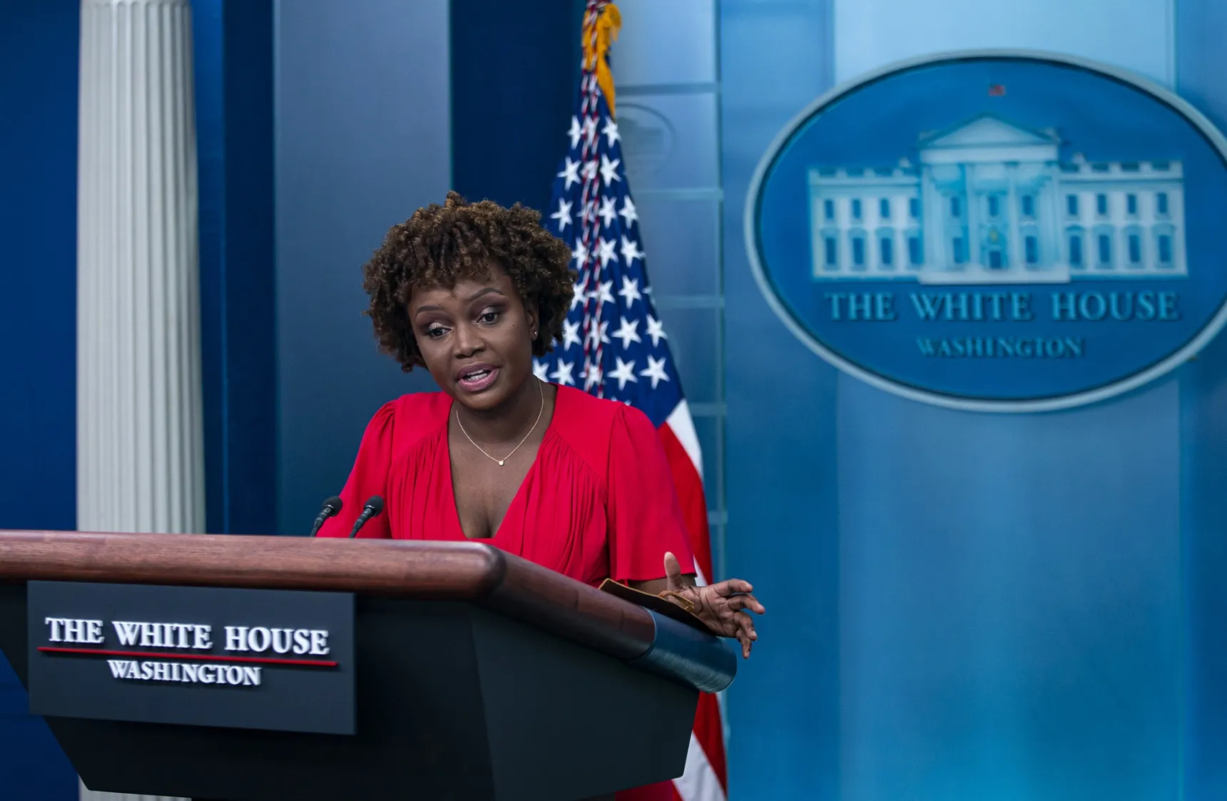 Karine Jean-Pierre during a news conference in the James S. Brady Press Briefing Room in Washington, D.C., on May 16.