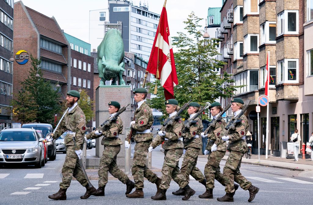 Soldiers parade through Aalborg, Denmark.