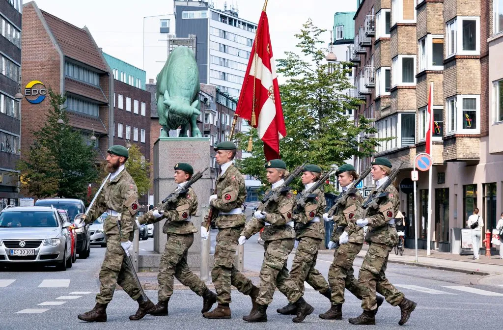 Soldiers parade through Aalborg, Denmark.