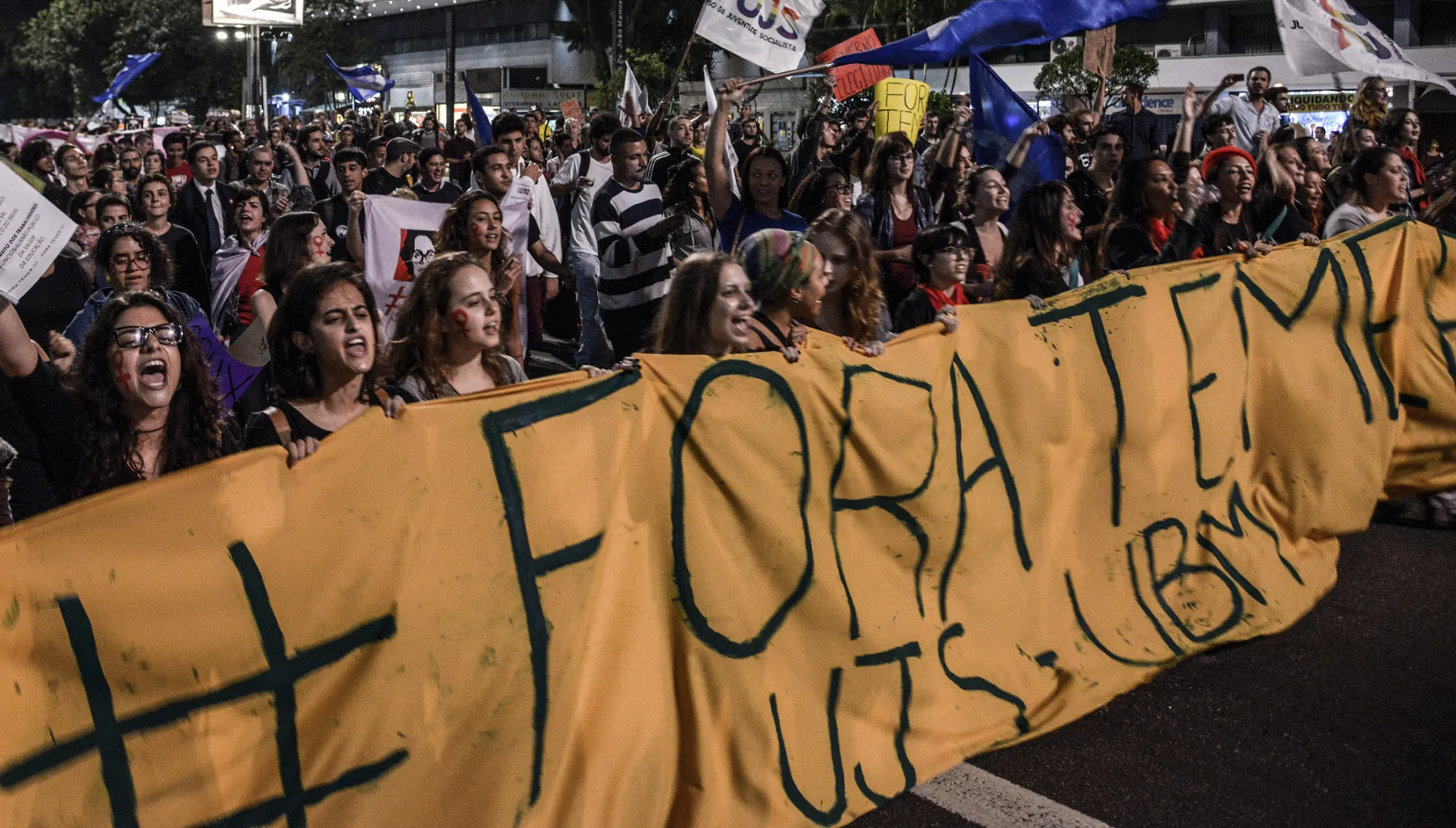 Protesters gather in opposition to Michel Temer, Brazil's acting president, and the interim government in Sao Paulo, Brazil, on May 17, 2016.
