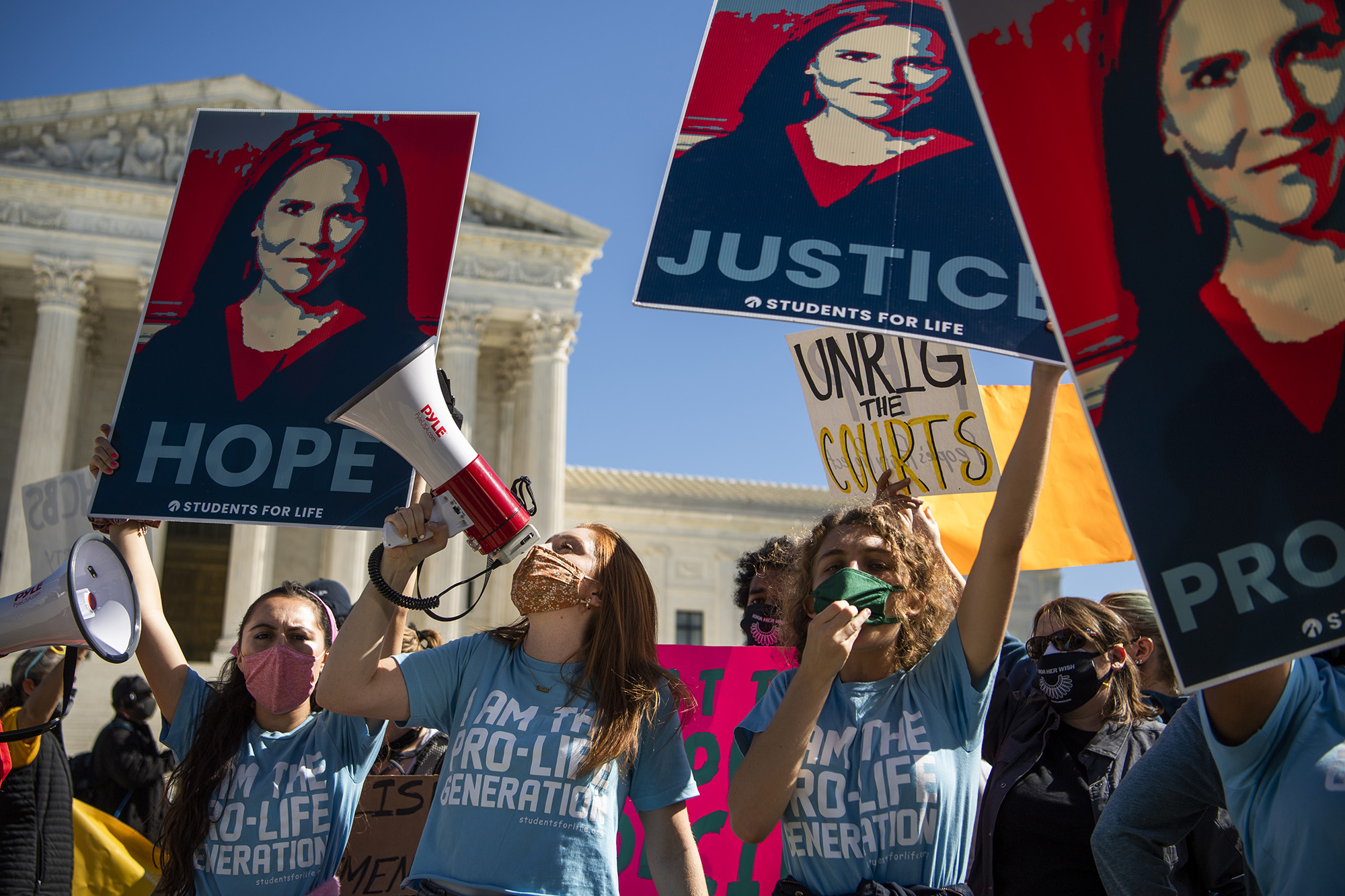Demonstrators with Students for Life call for the confirmation of&nbsp;Amy Coney Barrett outside the Supreme&nbsp;Court on the third day of her&nbsp;Senate Judiciary Committee confirmation hearing in 2020.&nbsp;