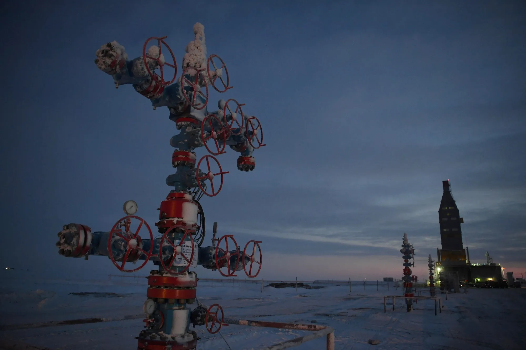 Flowing wellhead equipment at the Utrenneye field, the resource base for Novatek's Arctic LNG 2 project, located in the Gydan Peninsula on the Kara Sea shore line in the Arctic circle, some 2500 km from Moscow.
