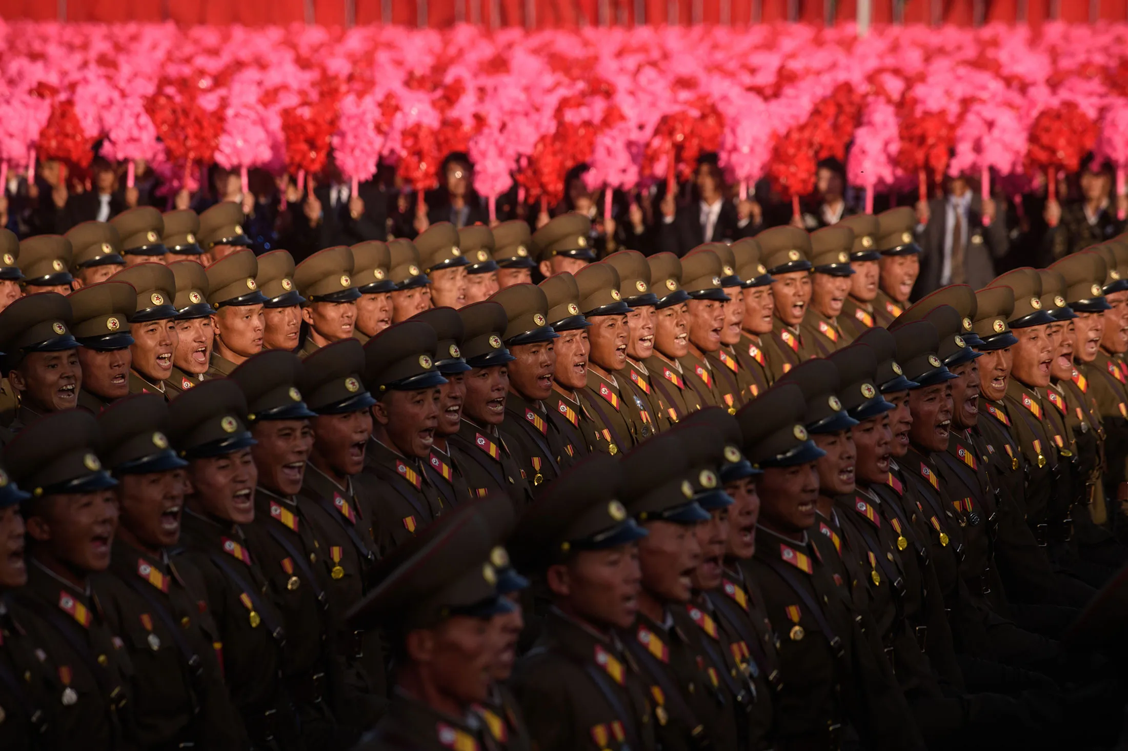 North Korean soldiers march during a mass military parade at Kim Il-Sung square in Pyongyang on Oct. 10, 2015.
