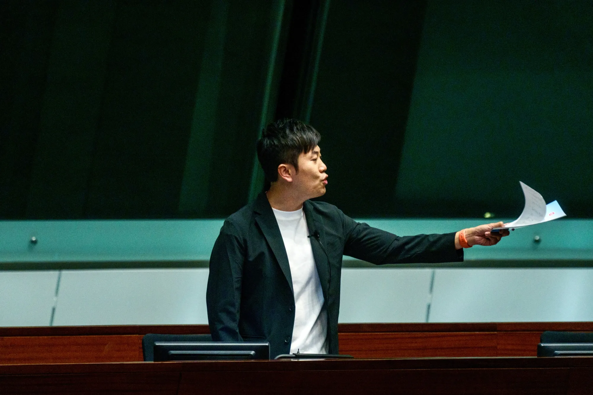 Cheng Chung-tai inside the main chamber of the Legislative Council in Hong Kong, in May.