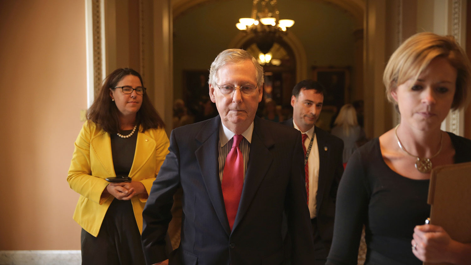 U.S. Senate Majority Leader Sen. Mitch McConnell (R-KY) returns to his office after the weekly Senate Republican Policy Luncheon May 12, 2015 on Capitol Hill in Washington, DC.
