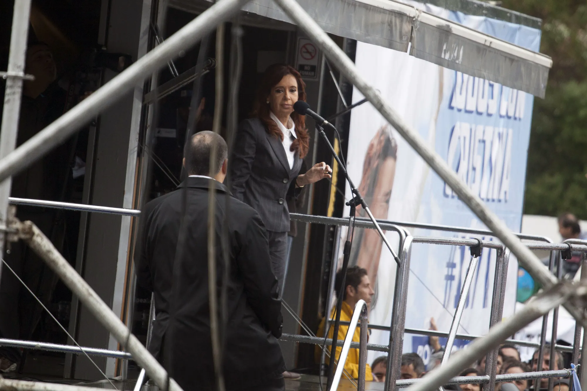 Cristina Fernandez de Kirchner speaks to supporters after testifying at court in Buenos Aires, Argentina, on April 13, 2016.&nbsp;