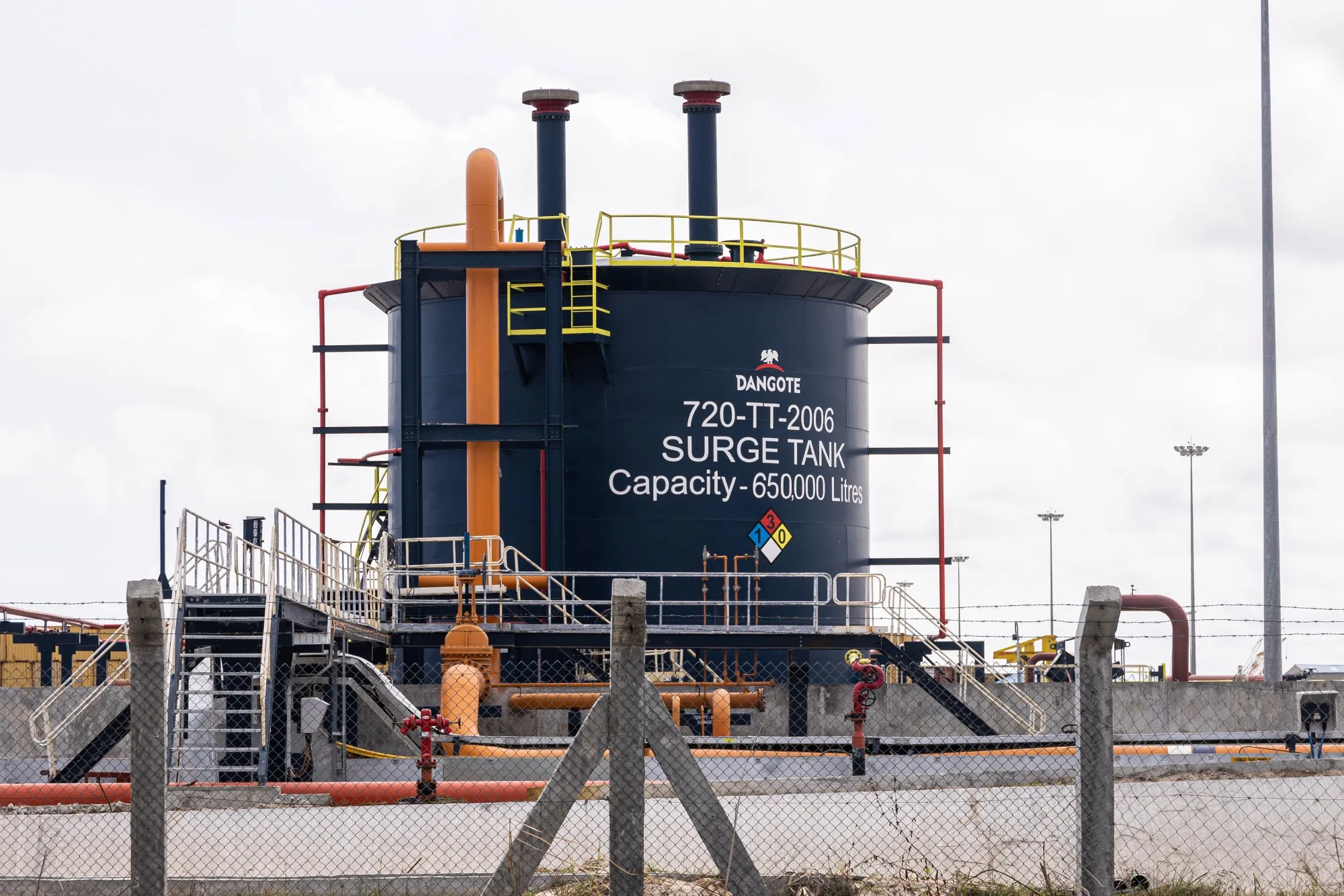 A storage tank at the Dangote Industries oil refinery in Lagos, Nigeria.