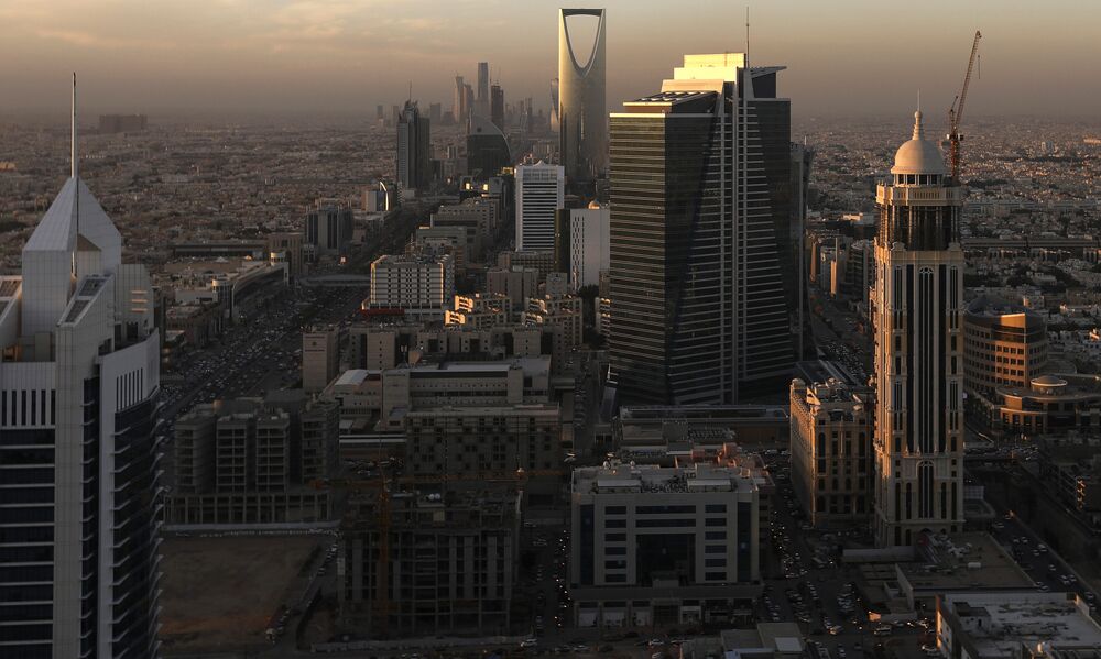 The Kingdom Tower, center rear, stands in Riyadh, Saudi Arabia.