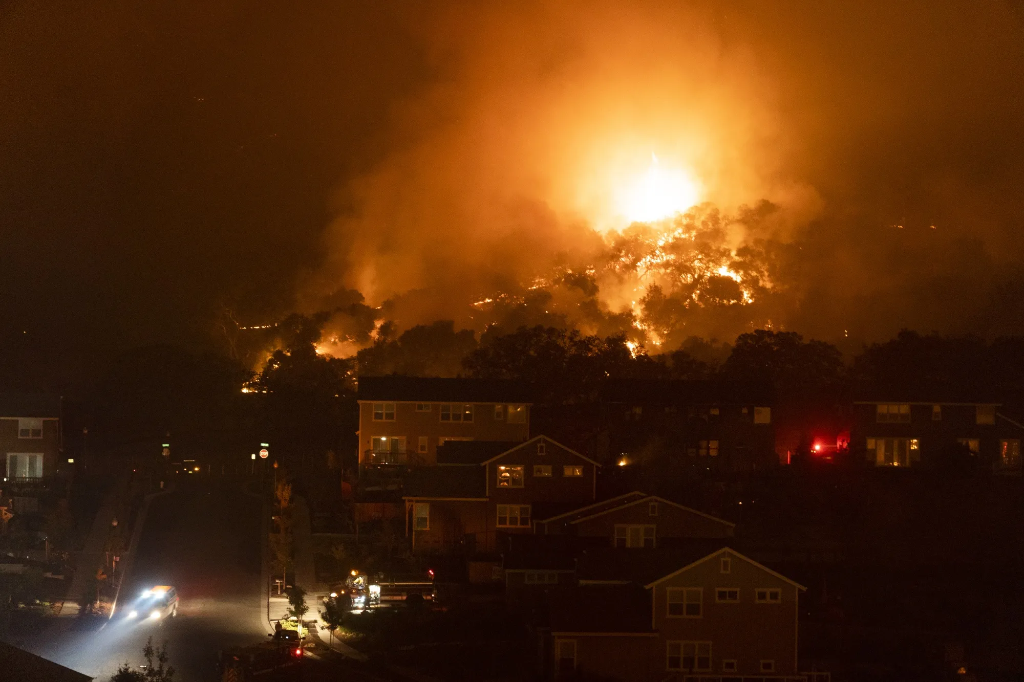 Fire approaches homes in the Skyhawk Park neighborhood of East Santa Rosa during the Shady Fire in Sonoma County, California, on Sept. 28.