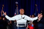 Eric Adams gestures to supporters during his 2021 election victory night party at the Brooklyn Marriott on November 2, 2021 in New York City.