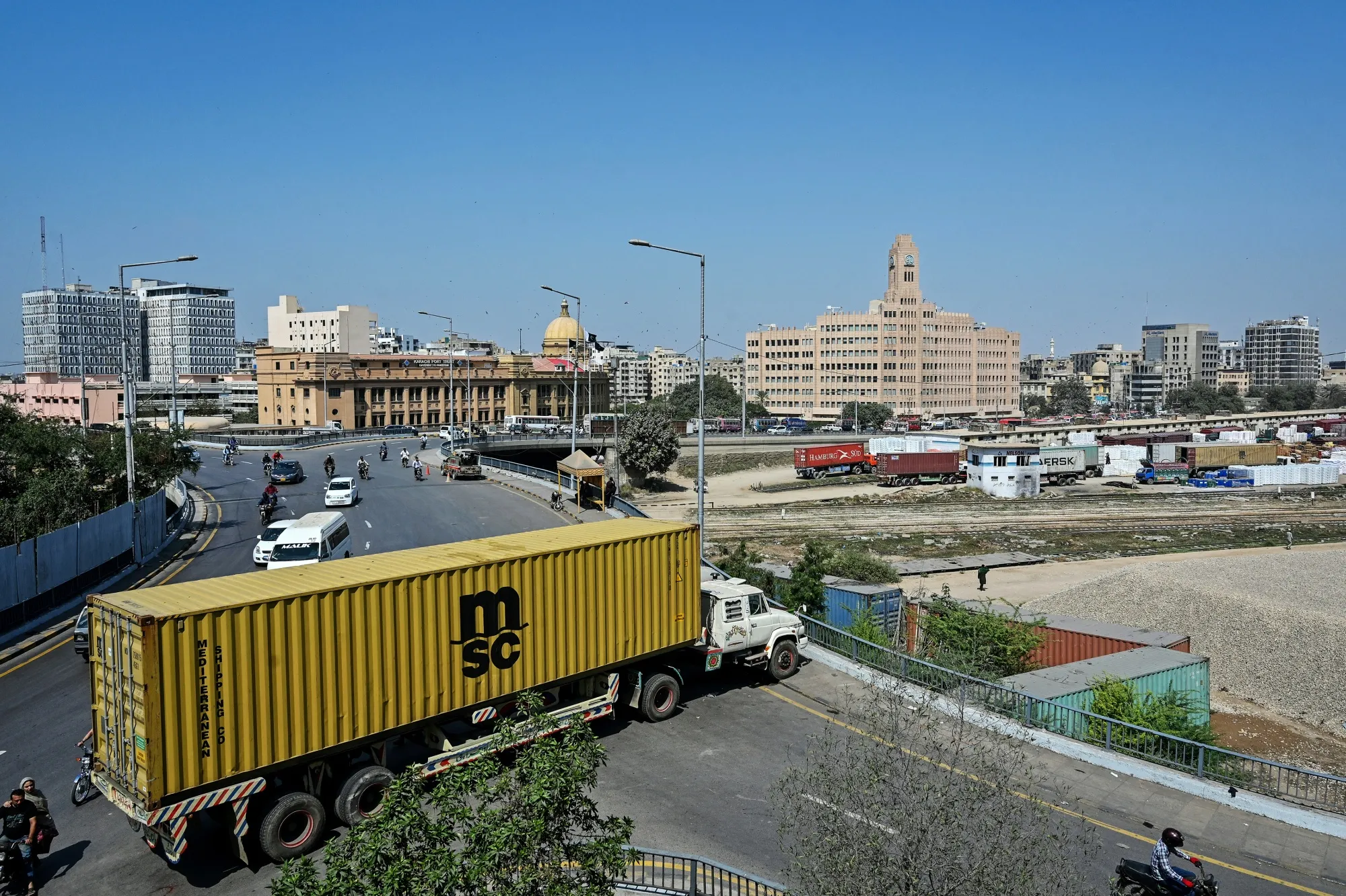 A truck blocking the road leading to the US Consulate following demonstrations in Karachi, on March 2.