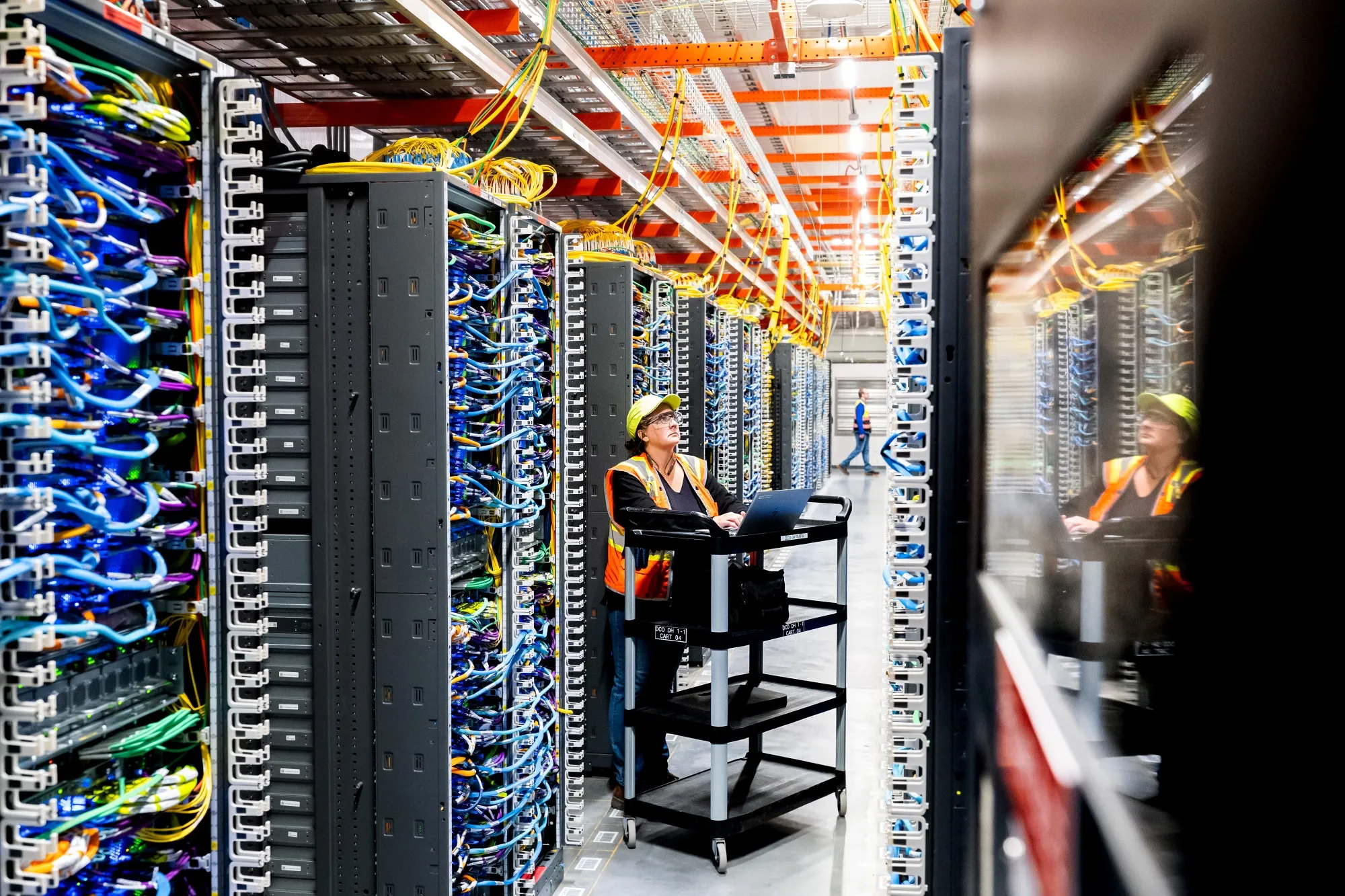 A technician works at an AI data center in New Carlisle, Indiana.