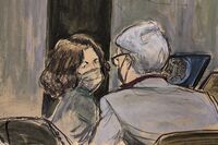 This courtroom sketch shows Ghislaine Maxwell, left, conferring with her defense attorney, Bobbi Sternheim, before the start of her trial in New York on Dec. 9.