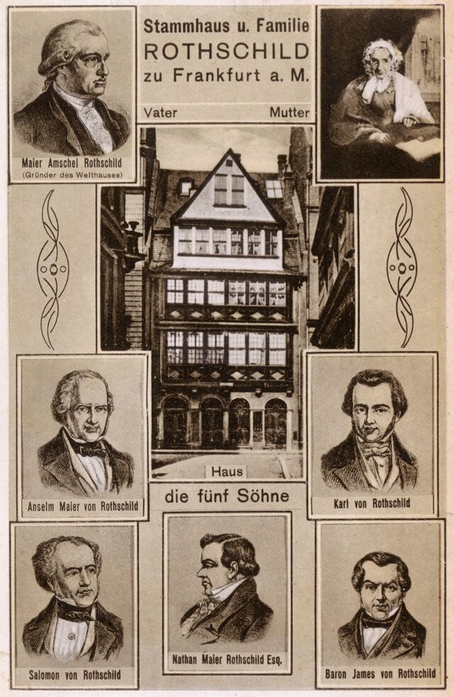 The Rothschild family home in the Jewish ghetto in Frankfurt; Amschel Mayer Rothschild, his wife and five sons