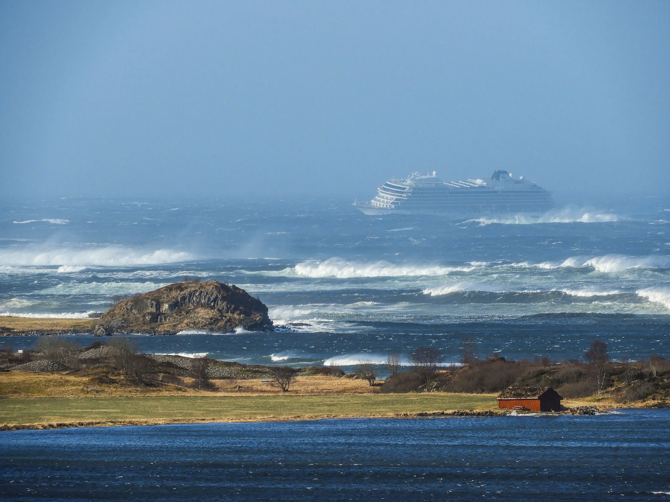 The cruise ship Viking Sky is pictured on March 23, 2019 near the west coast of Norway at Hustadvika near Romsdal.