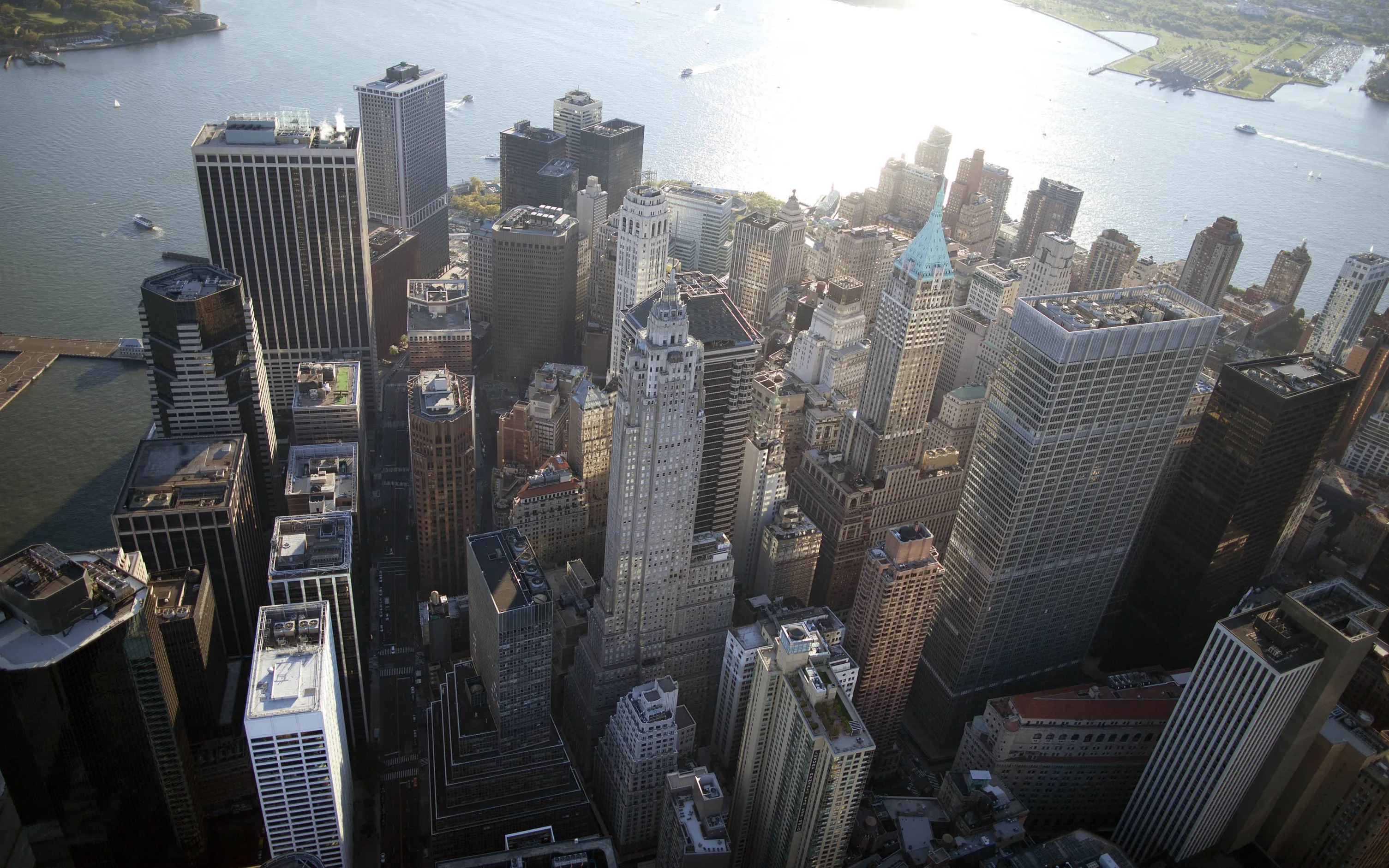 Commercial and residential buildings stand in the financial district of Manhattan in this aerial photograph taken over New York.